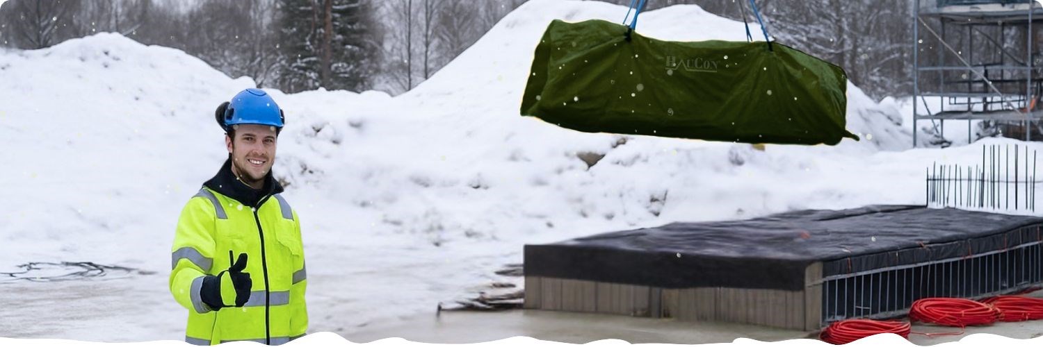 Talvinen työmaa, jossa asentaja näyttää peukkua hymyillen