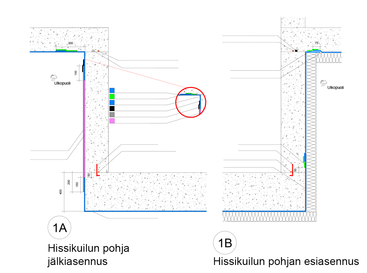 01A Hissin pohja jälkiasennus, 01B Hissin pohja esiasennus